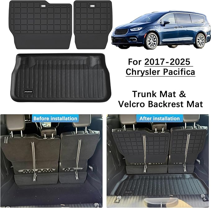Floor Mats for 2017-2024 2025 Chrysler Pacifica Gas Touring Version Fit 7&8 Passenger Model (Non Hybrid & Pinnacle) & Trunk Mat & Backrest Mat,TPE All Weather Protection Car Mats Full Set