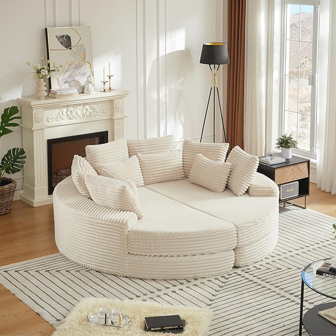 78-inch Oversized Round Chaise Lounge Chair Indoor, Convertible Folding Sofa Bed w/ 10 Pillows, Fluffy Corduroy Boneless Compressed Memory Foam Couch for Living Room, Bedroom (Beige, Left & Right)