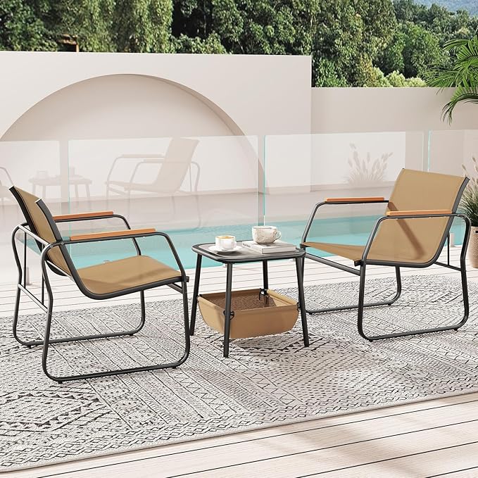 Tangkula 3 Pieces Patio Furniture Set, Outdoor Bistro Conversation Set with Breathable Mesh Fabric and Metal Frame, Front Porch Table and Chairs Set for Balcony, Garden, Lawn and Backyard (Brown)