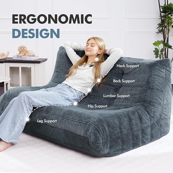 Bean Bag Loveseat Chair Big Sofa Beanbag Chair for Adults Fireside Chair Bean Bag Lounger with Memory Foam Filled for Home,Apartment or Gaming Venue（Grey Plush）