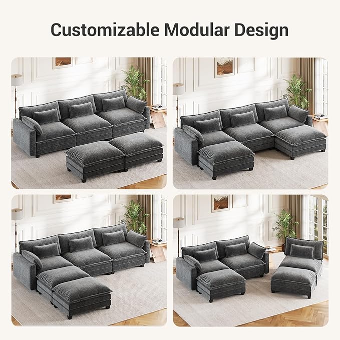 Pipishell 110.6" U-Shaped Modular Sectional Sofa, 5-Seat Modern Chenille Deep Seat Comfy Cloud Couch with 2 Movable Ottoman & Throw Pillows for Living Room, Living Room & Apartment, Dark Grey