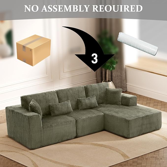 Modular Sectional Sofa Cloud Sectional Couch, 107" Comfy Fluffy L Shaped Olive Green Couches for Living Room, Deep Seat Memory Foam Plush Corduroy Boneless Couch Sectionals Right Facing Chaise Sofa