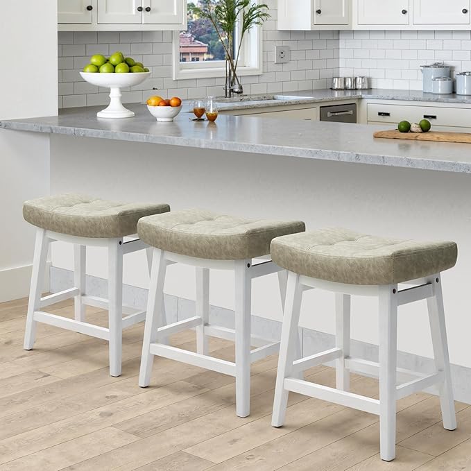 RNKSFX Counter Height Bar Stools Set of 4 for Kitchen Counter Farmhouse Modern Barstools with Faux Leather Upholstered Backless Seat and Solid Wood Legs 24 inch Bar Chairs, Light Grey + White