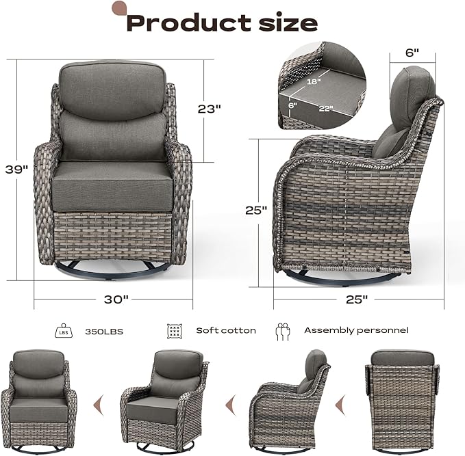 Rilyson Outdoor Patio Furniture Set - Weather Resistant Wicker,High Back,6 inch Cushions,6 Piece Patio Furniture Set with Swivel Rocker Chairs and Side Table for Deck Porch Yard,Mixed Grey/Blue