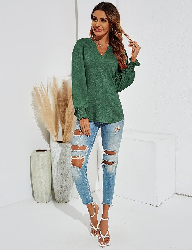 Romanstii Women's Casual V-Neck T-Shirts Loose Puff Long Sleeve Tops Tunic Blouses
