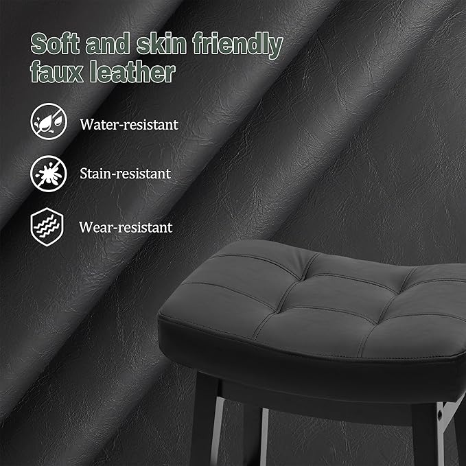 RNKSFX Counter Height Black Bar Stools Set of 6 for Kitchen Counter, Backless Farmhouse Kitchen Island Barstools with Upholstered Faux Leather Saddle Seat and Solid Wood Legs Modern 24 inch Bar Chairs
