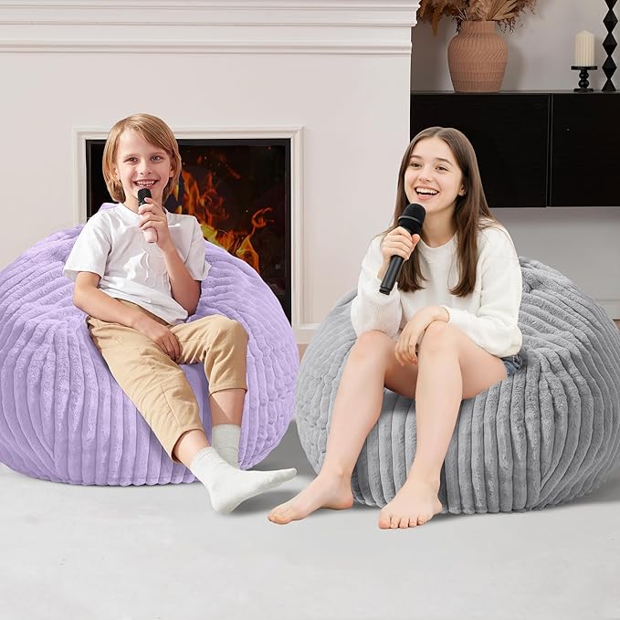Homguava 2FT Bean Bag Chair, 2' Small Bean Bags with Memory Foam Filled, Beanbag Chairs with Machine Washable Cover Dutch Corded Plush Cover for Classroom,Living Room,Bedroom-Light Grey