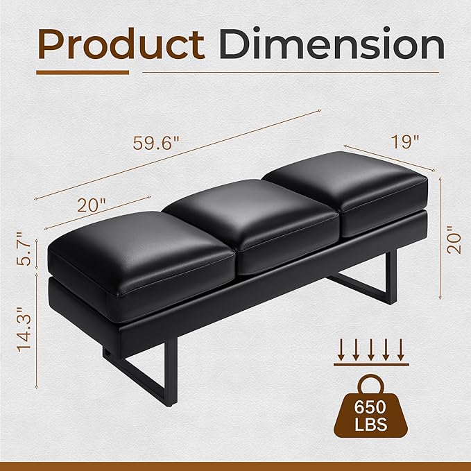 JUMMICO Office Chair Seating Waiting Room Chair, 59.6 inches Upholered Reception Bench 3 Seat Faux Leather Office Guest Chair Conference Room Chair for Salon and Shop (Black)