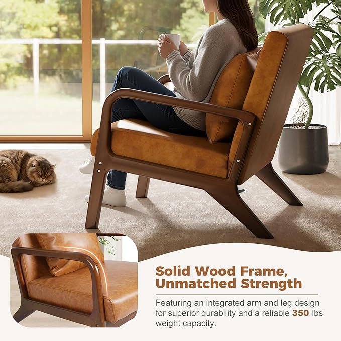 ELUCHANG Mid-Century Modern Chair,Upholstered Accent Chair Reading Arm Chair with Cushion & Lumbar Pillow & Solid Wood Frame for Lounge, Living Room, Bedroom, Office, Brown-PU Leather