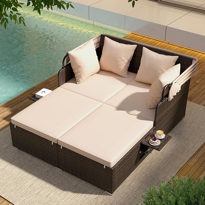 Tangkula Patio Rattan Daybed with Retractable Canopy, Outdoor Wicker Sunbed with 2 Foldable Side Tables, Thick Seat & Back Cushions, Outside Double Daybed for Garden, Backyard, Porch, Beige & Brown
