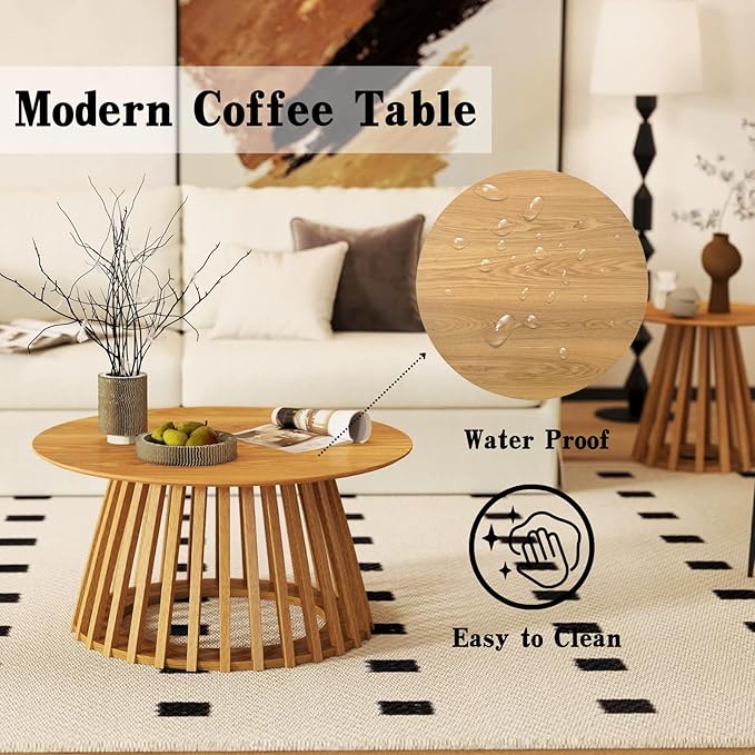 DUOMAY Modern Solid Wood Round Coffee Table with Geometric Base, Sturdy Wood Center Table for Living Room, Lounge, Office, Log Color