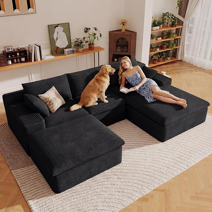 107" Cloud Sectional Couch with U-Shaped Chaise,Corduroy Viral Boneless Sofa with Ottoman,Memory Foam Couches in a Box with Deep Seat for Living Room,No Assembly Required (Black,Right-Facing Chaise)