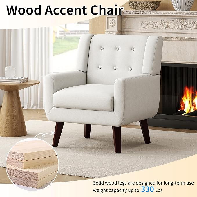 Accent Chairs, Mid-Century Modern Upholstered Living Room Armchair, Comfy Oversized Linen Fabric Single Reading Arm Chair with Tufted Back and Wood Legs for Bedroom, Club (1, Beige)
