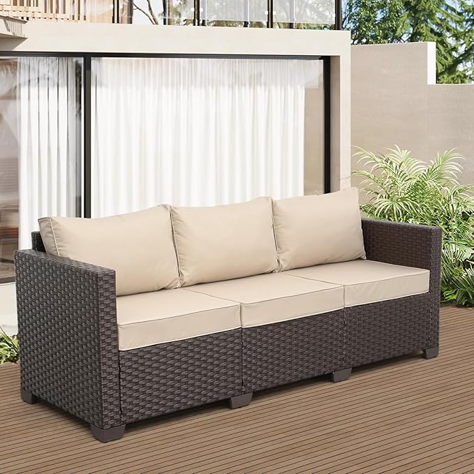 Rattaner Patio Furniture 3-seat Sofa Wicker Outdoor Furniture Outdoor Couch Deep Seat Hight Backrest Waterproof Cover Anti-Slip Cushions, Khaki