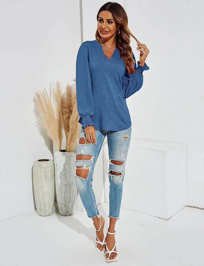 Romanstii Women's Casual V-Neck T-Shirts Loose Puff Long Sleeve Tops Tunic Blouses