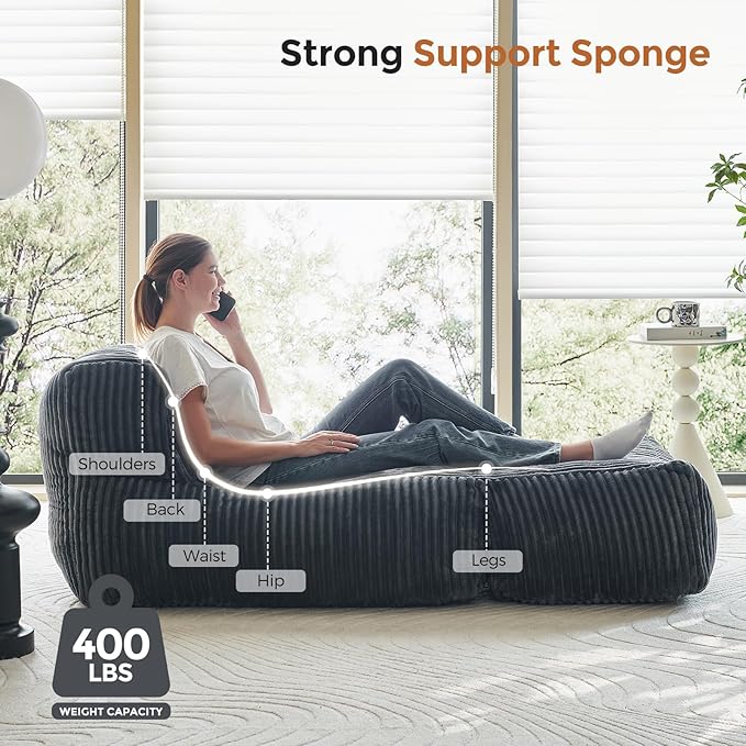 Bean Bag Chair, Giant Bean Bag Chairs for Adults, Comfy Corduroy Boneless Chair, Memory Foam Filled Bean Bag Sofa for Living Room, Bedroom, Balcony, Grey