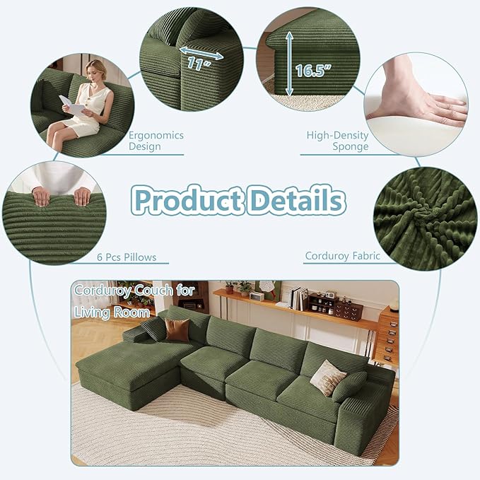 136" Cloud Sectional Couch with L-Shape Chaise, Modern Corduroy Viral Boneless Sofa for Living Room,Memory Foam Couches in a Box with Deep Seat,No Assembly Required (Green,Left-Facing Chaise)