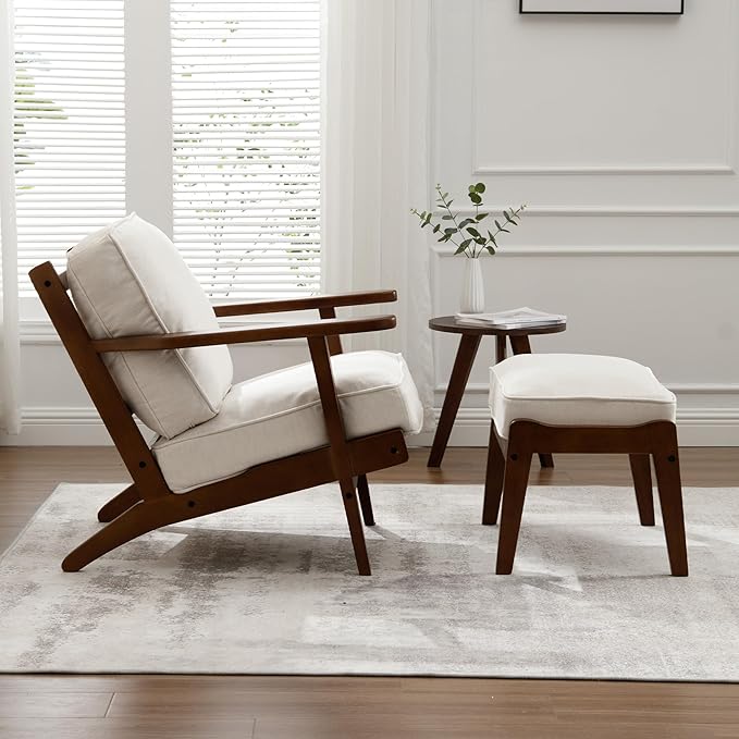 chairus Mid-Century Modern Accent Chair with Ottoman Linen Fabric Upholstered Living Room Chair for Bedroom Reading Room Lounge with Arm & Solid Wood Frame, Fabric Beige