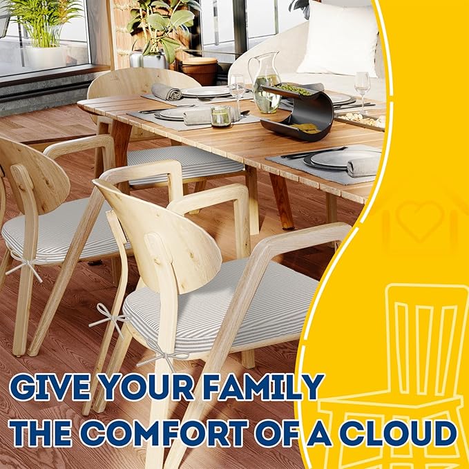 AAAAAcessories D-Shaped Chair Cushions, 17" x 16", Set of 4, 2" Thick Dining Chair Pads with Ties and Removable, Machine-Washable Cover, Pinstripe Taupe