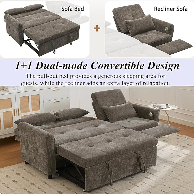 Gagawin 2 in 1 Convertible Sofa Bed with Reversible Recliner, Chenille 3-Seater Couch Sleeper with Pull Out Bed & Adjustable Backrest & Dual USB Charging Ports for Living Room, Gray
