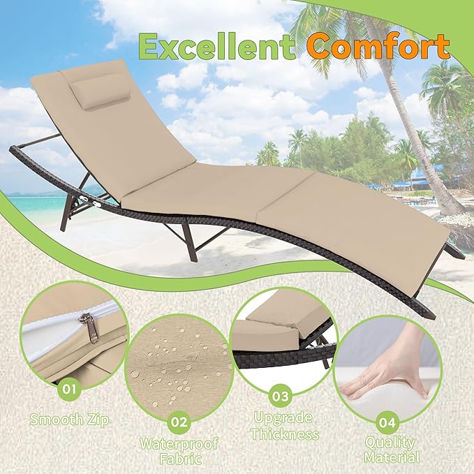 Trumbeak Patio Chaise Lounge Set 3 Pieces Pool Lounge Chairs,Cushioned Outdoor Folding Lounge Chair w/Rattan Adjustable Backrest for Poolside Porch,Folding Table Included,Sand
