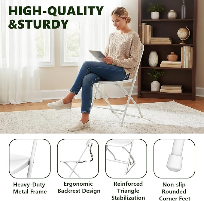 Folding Chairs 2 Pack, Plastic Folding Chairs for Outside, Heavy Duty Foldable Chairs, Sturdy Metal Folding Chairs, 350 lbs Capacity, for Patio, Garden, Camping, White