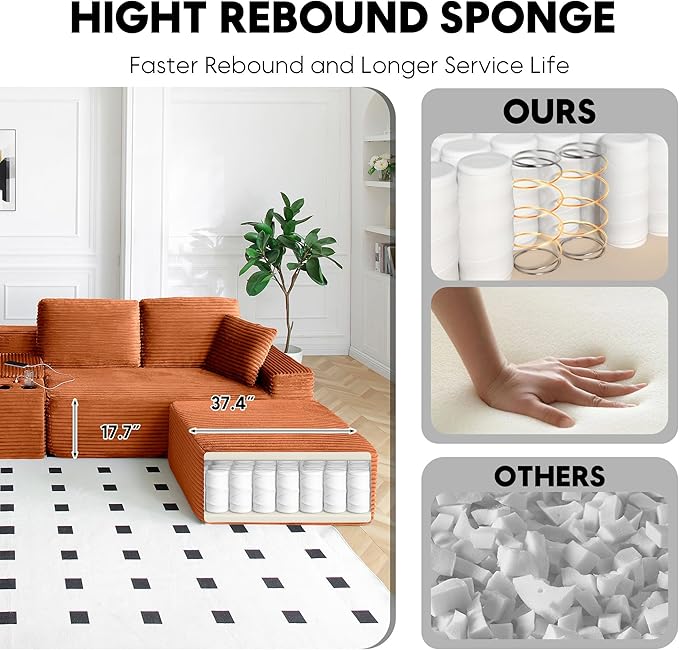 125” Oversized Modular Sectional Sofa, Deep Seat Corduroy Cloud Couch with Cup Holders, USB Ports & Storage Box, Sleeper Sofa Couch Boneless Couches for Living Room, No Assembly Required (Orange)