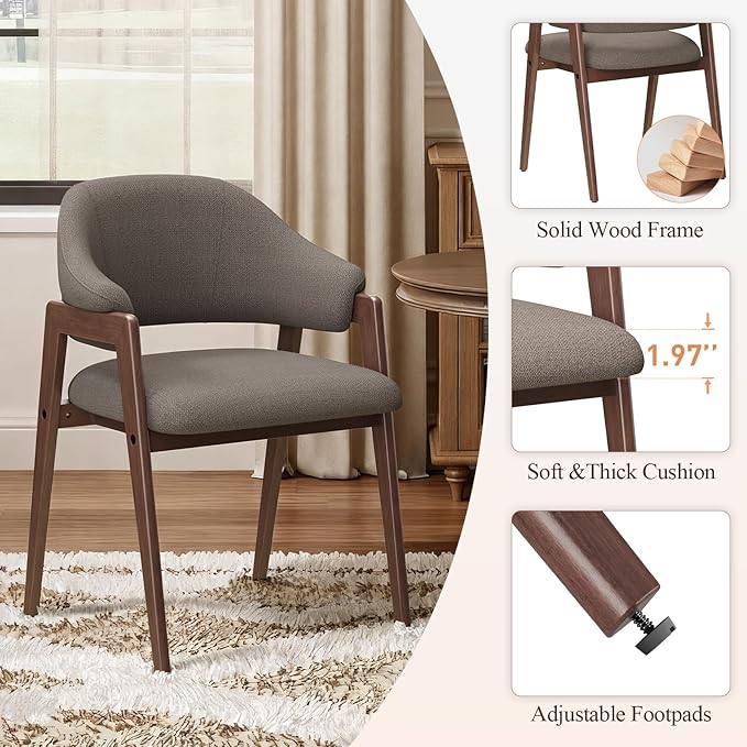 MALOL Wooden Dining Chairs Set of 2, Modern Fabric Upholstered Dining Room Chair, Kitchen Side Chairs, Farmhouse Dinner Chair with Curved Open Back for Kitchen, Camel