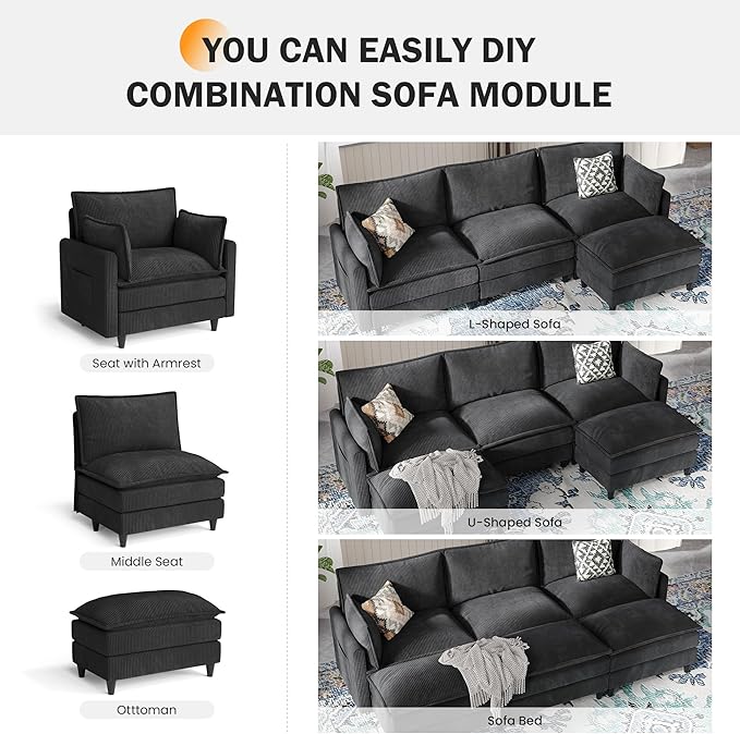 Apicizon 108" Cloud Couch Sectional, 3-Seat Deep Cloud Sofa with Ottoman, Modern U Shape Sectional Sofa Corduroy for Living Room, Apartment, Office, Black