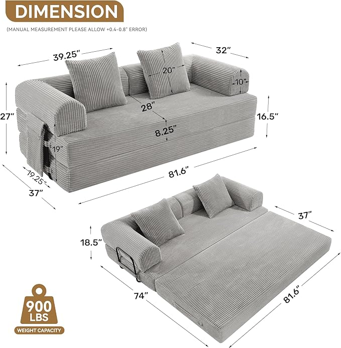 Convertible Coarser Corduroy Sleeper Sofa Bed with Cylindrical Pillow, Folding Mattress Couch with Fixed-Shape Frame, Floor Sofa Lounge Couch for Living Room Bedroom Lounge Studio, Grey