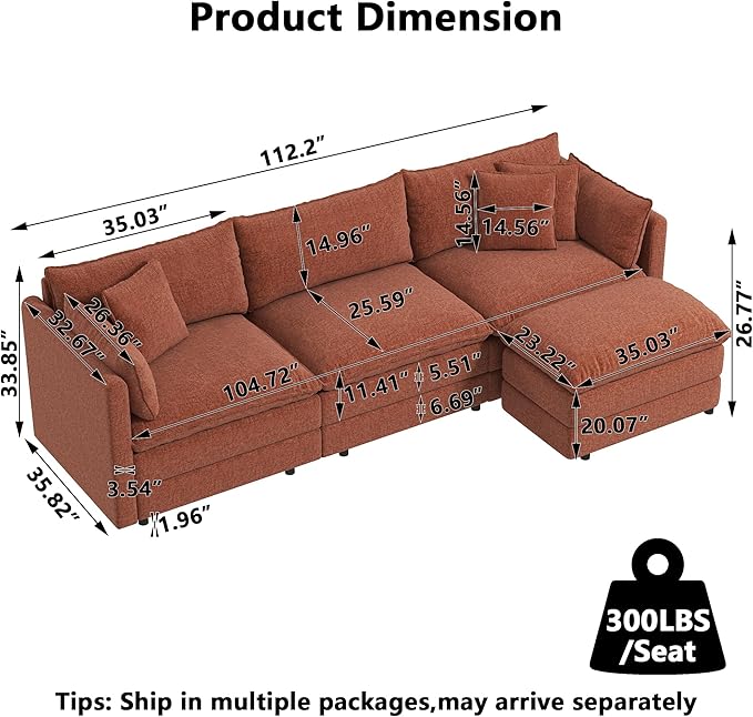 Aoowow Modular Sectional Sofa Modern Convertible L Shaped Couch,111.5 Inch Deep 3-Seater Sofas Set Comfy Chenille Cloud Sofas and Couches with Movable Ottoman for Living Room Apartment(Orange)
