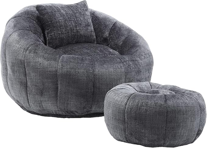 HOMEFLEX Modern Bean Bag Chair for Adults, Comfy Reading Nook Seating with Pillow, Round Chairs with Ottoman, Leisure Single Sofa, Ideal for Living Room, Bedroom, Apartment (Gray)