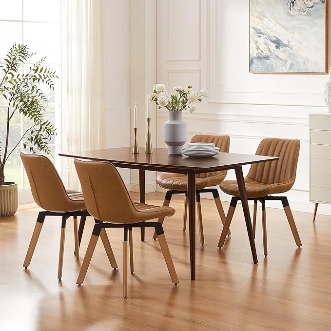 Art Leon Dining Chairs Set of 4, Mid Century Modern Swivel Kitchen Dining Room Chairs, Upholstered Faux Leather Armless Side Chairs with Wood Legs for Living Room Bedroom, Red Brown