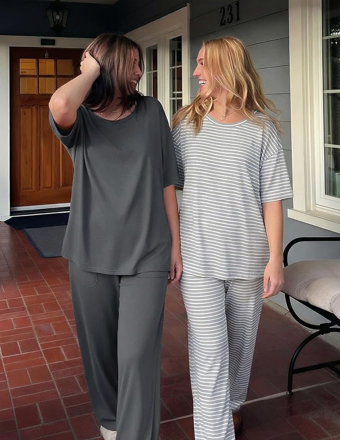 Ekouaer 2 Pack Womens Pajama Sets Short Sleeve Tops and Long Pants Casual Comfy Pjs Lounge Set with Pockets,S-XXL