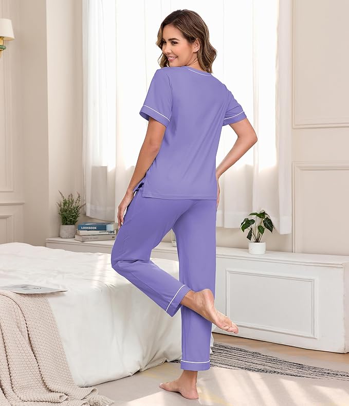 CF Women's 100% Cotton Pajama Sets Soft Short Sleeve Tops & Pants Comfy Sleepwear 2 Piece Lounge set with Pockets Loungewear
