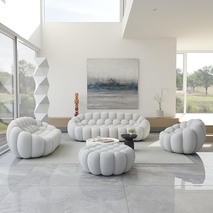 JACH Bubble Sofa Curved Couch Set, Comfy Upholstered Sofa, Mesh Fabric 3D Honeycomb Shape Modern Couches for Living Room, Apartment (Light Grey, 1 Seater, 2 Seater, 3 Seater, Ottoman)