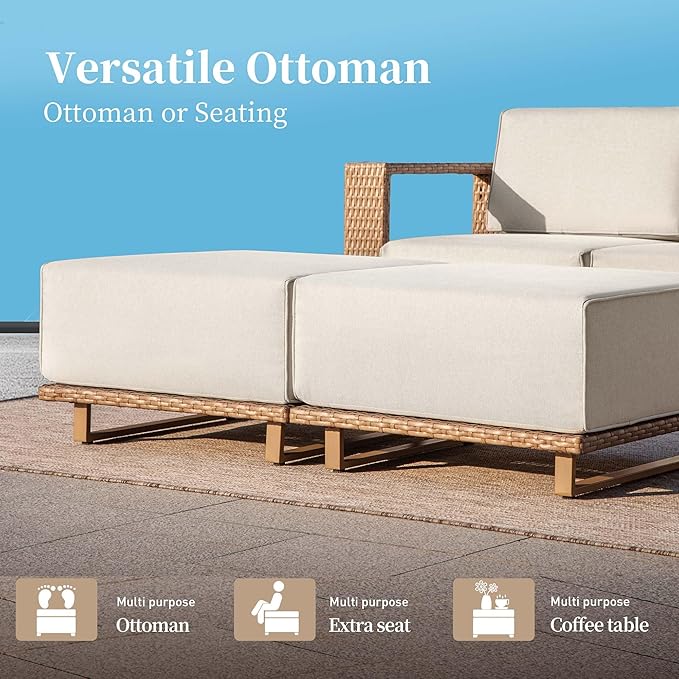 7 Pieces Modular Patio Furniture Set,Outdoor Wicker Conversation Set with Swivel Chairs and Ottomans,All Weather Patio Conversation Set for Lawn Garden Backyard,Beige