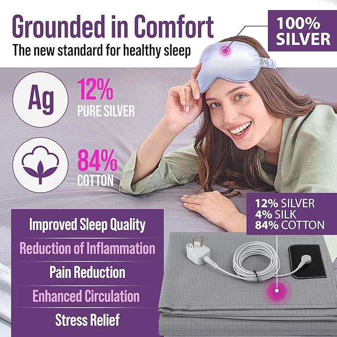 ECOHEAL Grounding Sheet Set - Queen Size, Gray Fitted & Flat Sheets with Pillowcases - 12% Silver Fiber, 4% Silk, 84% Cotton - SGS Quality Certified Conductive Bed Grounding Kit for Better Sleep