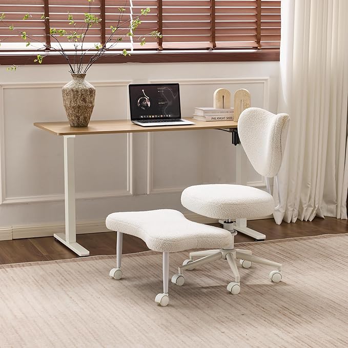 Meditation Chair with Lumbar Support, Ergonomic Floor Sitting Chair Adjustable Height, Cross Legged Chair for Office, Yoga & Mindfulness, Cushioned Seat with Wheels (Beige)