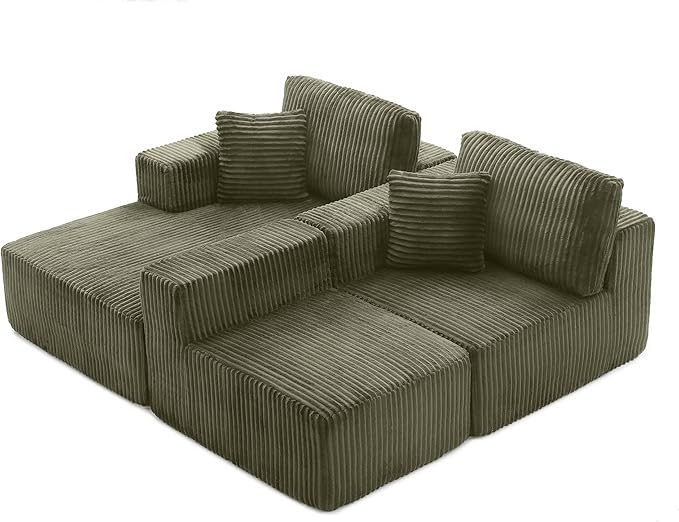 Modular Sectional Sofa Cloud Sectional Couch, 107" Comfy Fluffy L Shaped Olive Green Couches for Living Room, Deep Seat Memory Foam Plush Corduroy Boneless Couch Sectionals Left Facing Chaise Sofa