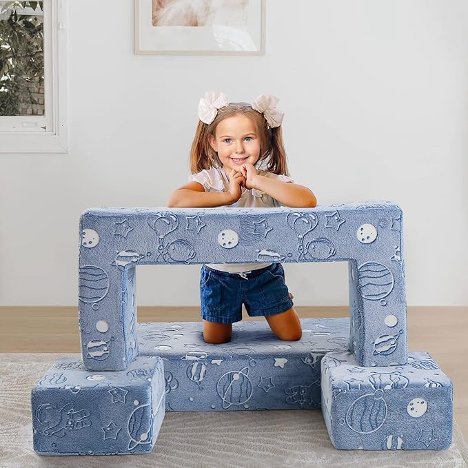 MeMoreCool Modular Kids Sofa, Glow in The Dark Space Kids Play Couch Sofa, Blue Fold-Out Foam Lounger Chair for Girls and Boys, Bedroom and Playroom