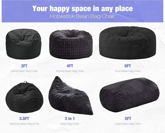 Hobestluk 5FT Bean Bag Chairs Adult Bean Bag with Portable Handle Comfy Large Bean Bag Lounge Chair with Removable Cover for Living Room Bedroom (Stripe Dark Grey, 5FT)