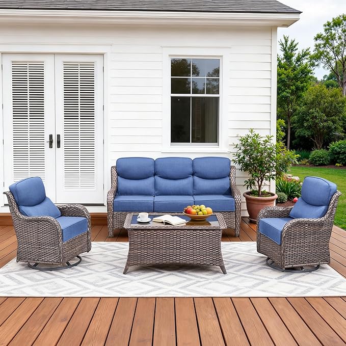 Pugire Luxury High Back Patio Furniture Set with 6-Inch Thick Cushions, 4-Pieces Outdoor Furniture with Swivel Chairs, Wicker Conversation Set for Porch, Balcony, Deck and Yard, Brown/Blue