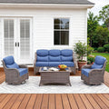 Pugire Luxury High Back Patio Furniture Set with 6-Inch Thick Cushions, 4-Pieces Outdoor Furniture with Swivel Chairs, Wicker Conversation Set for Porch, Balcony, Deck and Yard, Brown/Blue