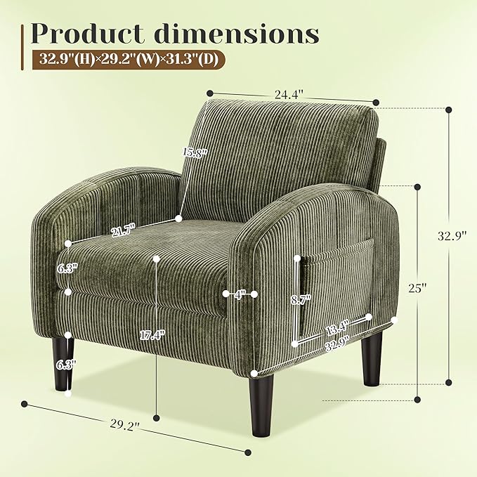 Accent Chair Set of 2, Comfy Mid Century Modern Reading Chair with Side Pockets,Comfy Living Room Chair for Bedroom,Upholstered Armchair for Office, Apartment, Small Room,Green