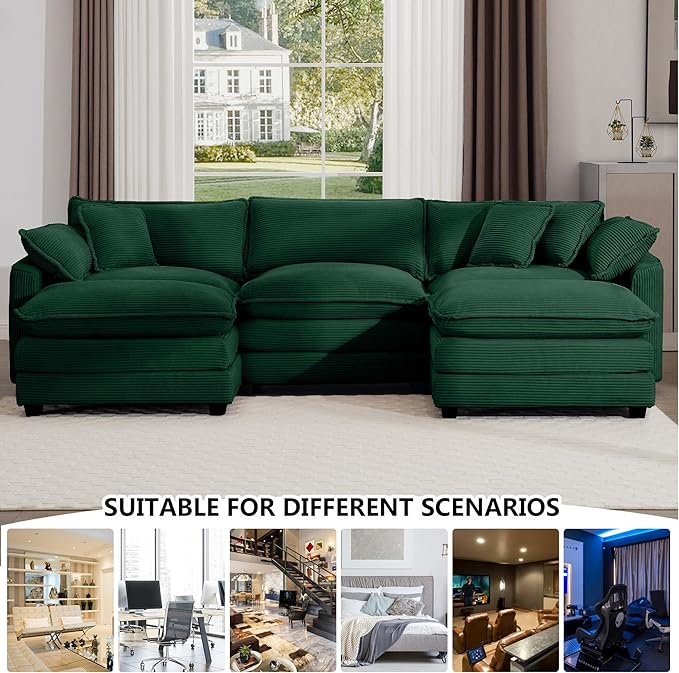 Aoowow Corduroy 3 Seater Couch with Ottomans,Modern Large Cloud Couches for Living Room,U Shaped Modular Sectional Cloud Sofas Deep Seat,Oversized Tufted U Shape Sofa Set (Green, 3 Seater + 2 Ottoman)