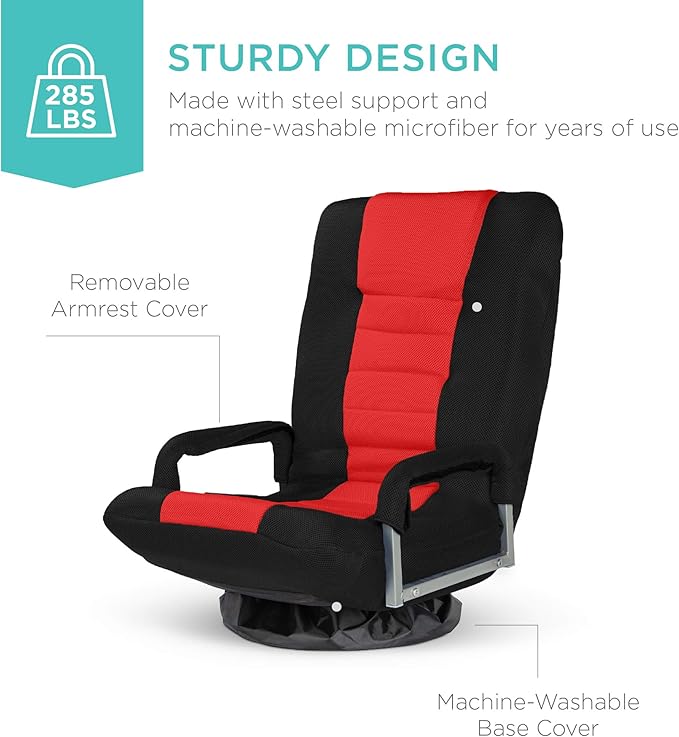 Best Choice Products Swivel Gaming Chair 360 Degree Multipurpose Floor Chair Rocker for TV, Reading, Playing Video Games w/Lumbar Support, Armrest Handles, Adjustable Foldable Backrest - Black/Red