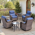 Belord Luxury 6" Thick Cushioned Outdoor Swivel Rocker Patio Chairs Set of 4 with Side Table, High Back Wicker Furniture Set with Ergonomic Zone Back, Conversation Set for Deck Porch - Brown+Blue