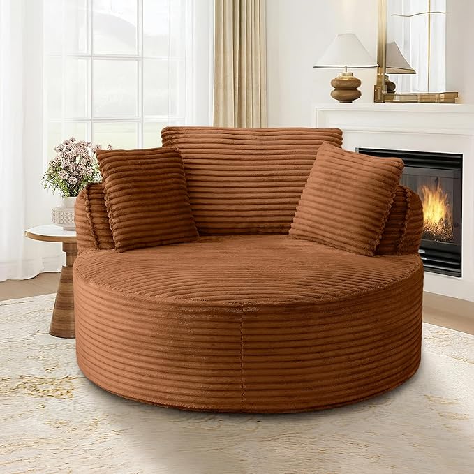53"W Oversized Round Chaise Longue Chair Indoor,Corduroy Fluffy Comfy Cloud Chair,Circle Bean Bag Sofa with Foam Filling & Pillows,Boneless Reading Cozy Sofa Chairs for Living Room,Bedroom,Orange