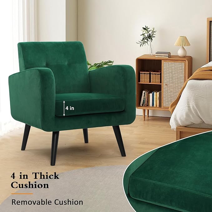 LSSPAID Accent Chairs Set of 2, Modern Velvet Living Room Chairs, Comfy Upholstered Armchairs Single Sofa Chair with Solid Wood Legs, Green